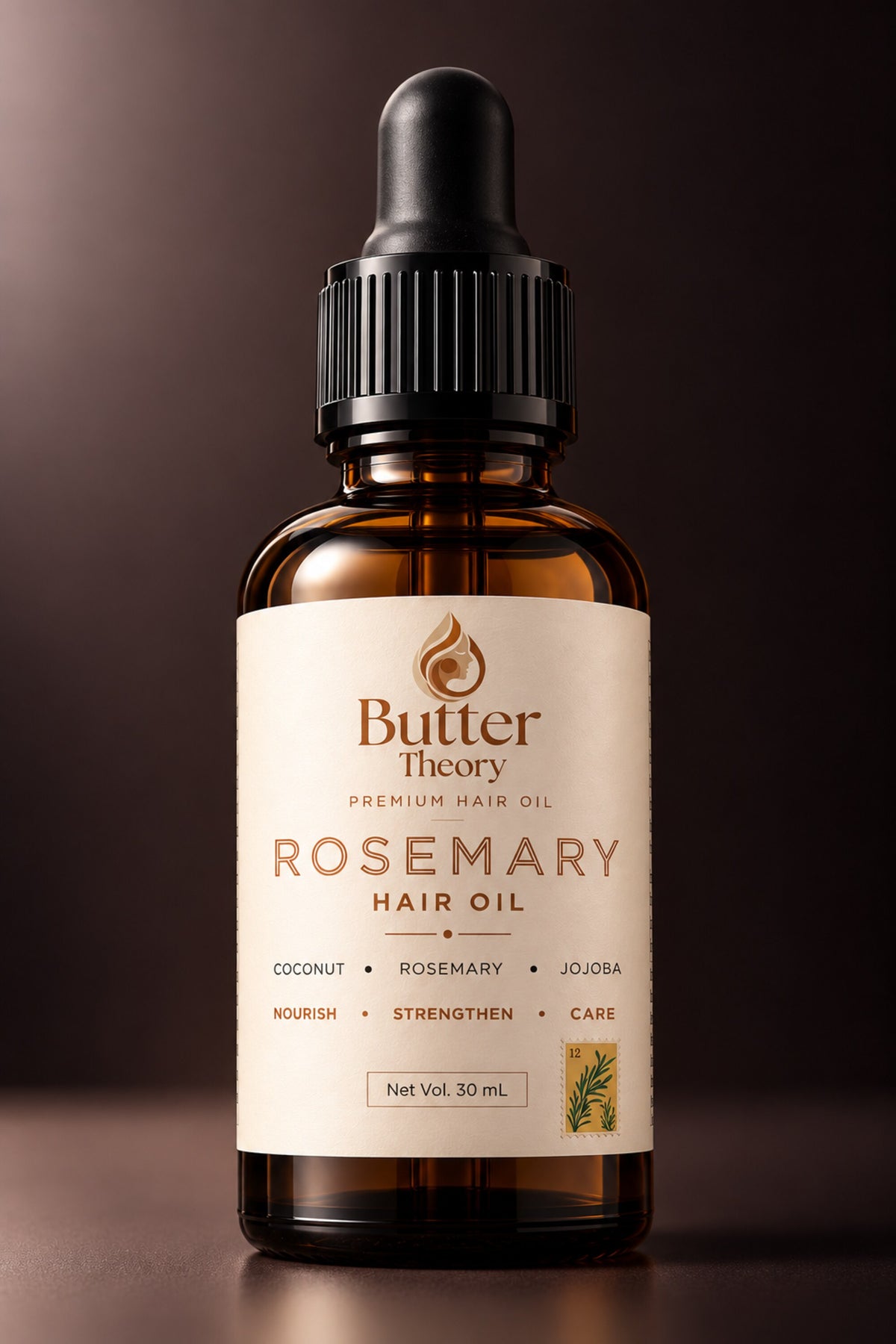 A 30 mL amber glass dropper bottle of Butter Theory Rosemary Hair Oil, featuring a cream-colored label with brown text and a black dropper cap, set against a dark brown gradient background.