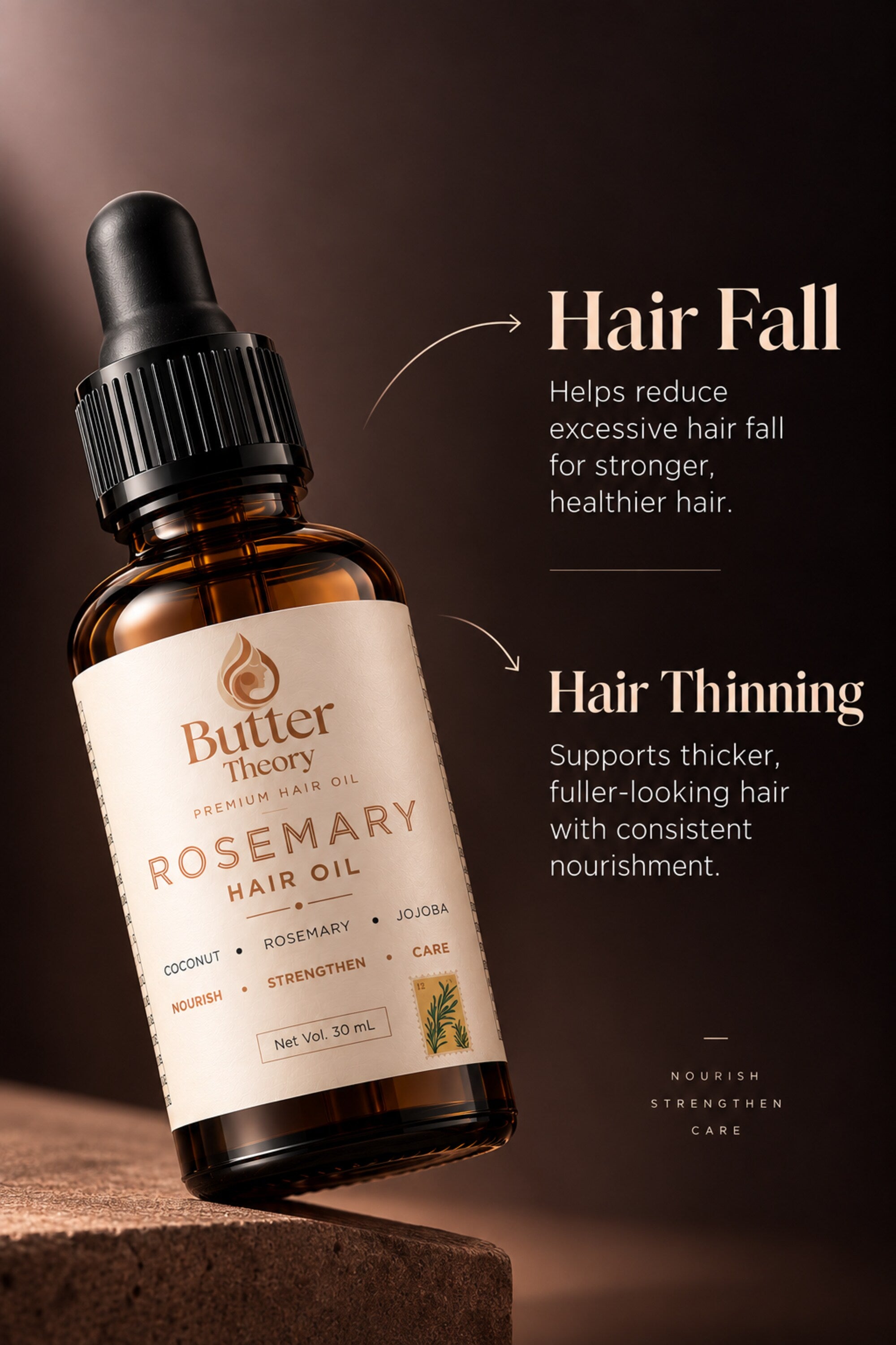 Butter Theory Rosemary Hair Oil in an amber glass dropper bottle with a cream label, shown on a dark brown background with marketing text about hair fall and hair thinning.